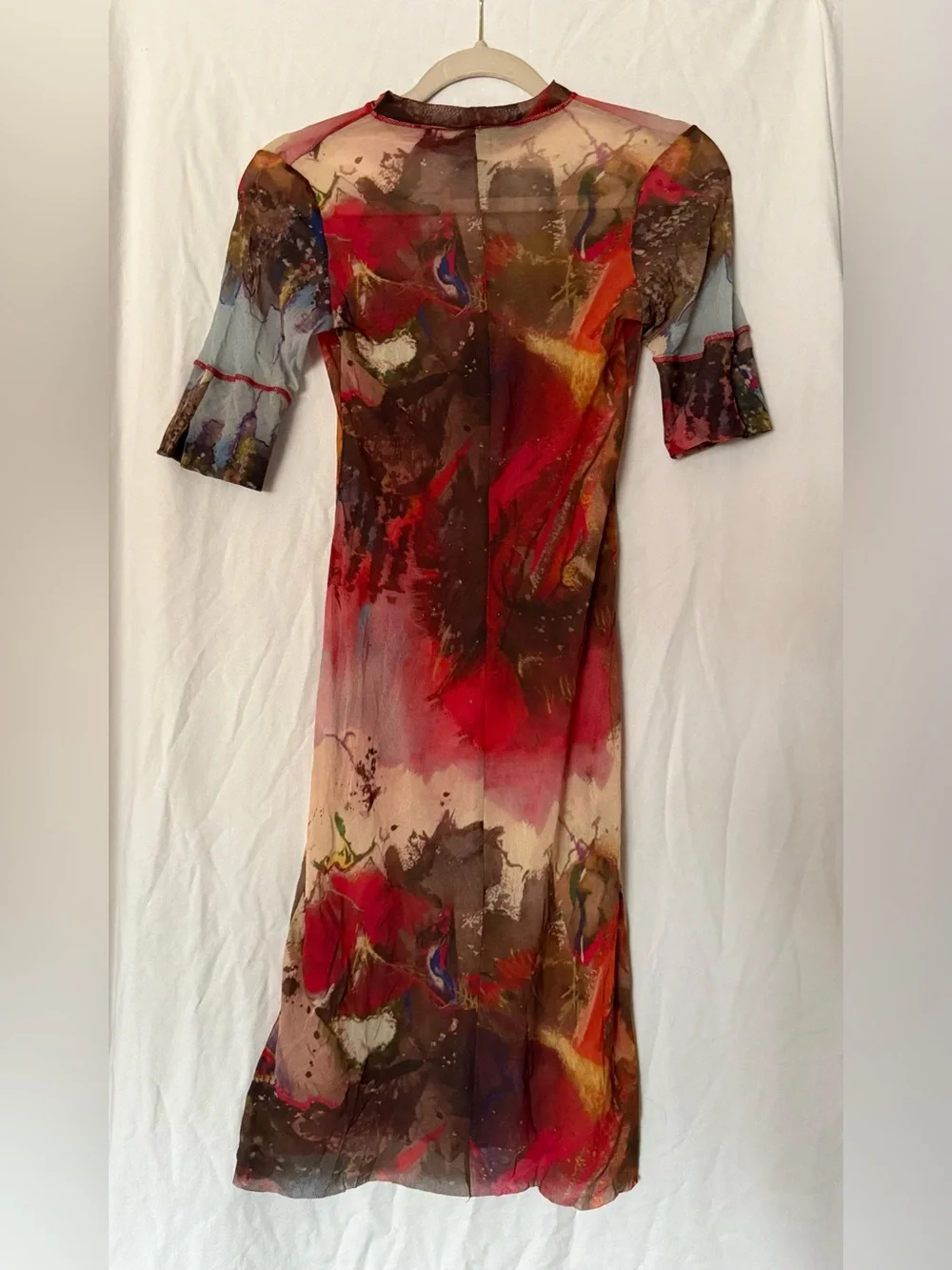 Y2K Abstract Print Sheer Long Sleeve Midi Dress in Red and Brown